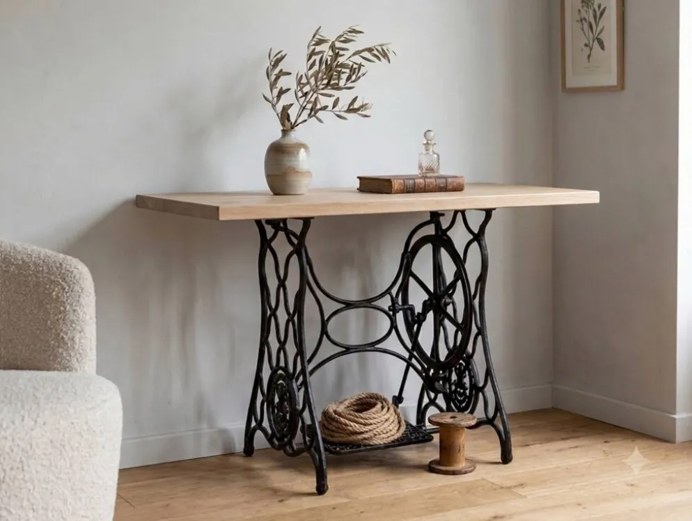 Table console vintage — Piètement en fonte & plateau en bois clair