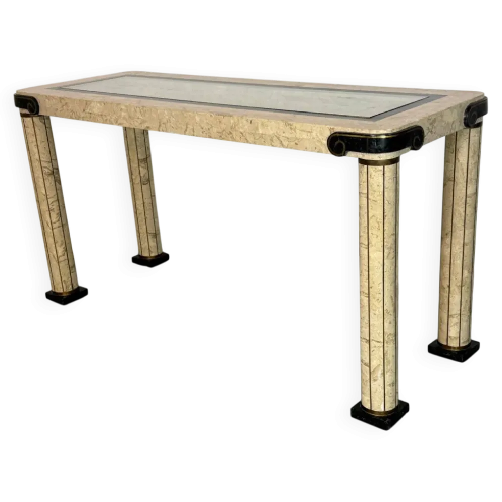 Table console vintage régence en travertin italien et laiton Maitland Smith.