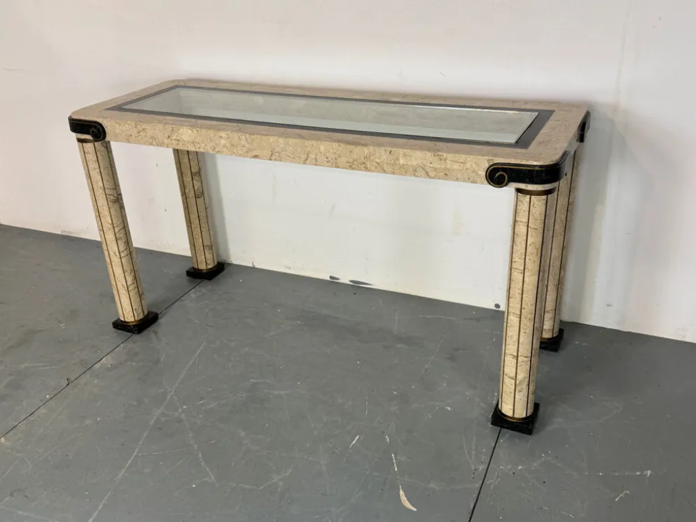 Table console vintage régence en travertin italien et laiton Maitland Smith.