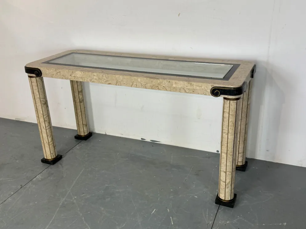 Table console vintage régence en travertin italien et laiton Maitland Smith.