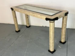 Table console vintage régence en travertin italien et laiton Maitland Smith.