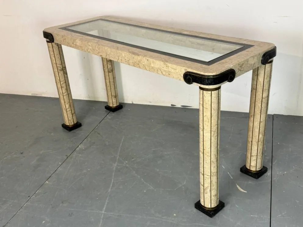 Table console vintage régence en travertin italien et laiton Maitland Smith.