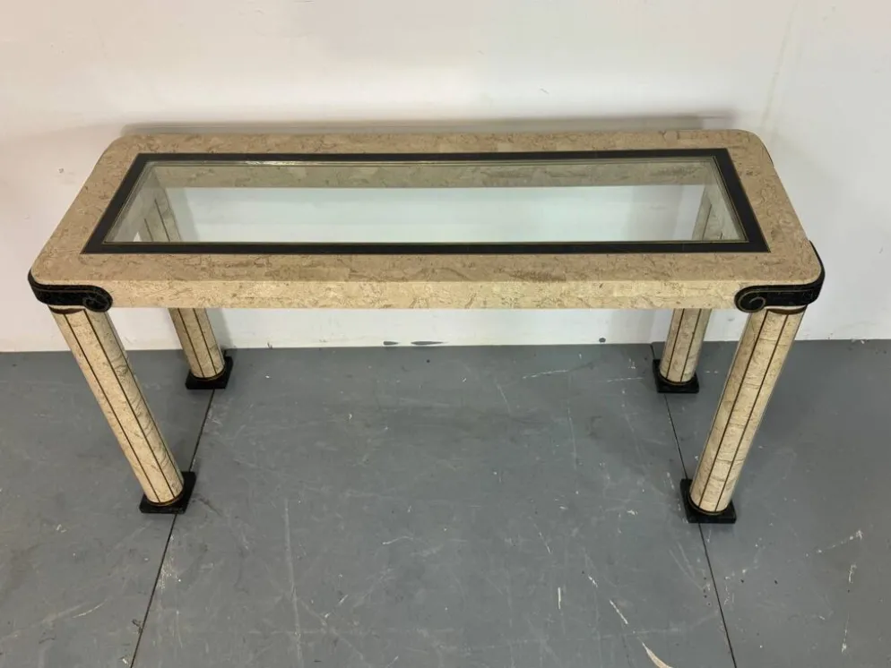 Table console vintage régence en travertin italien et laiton Maitland Smith.