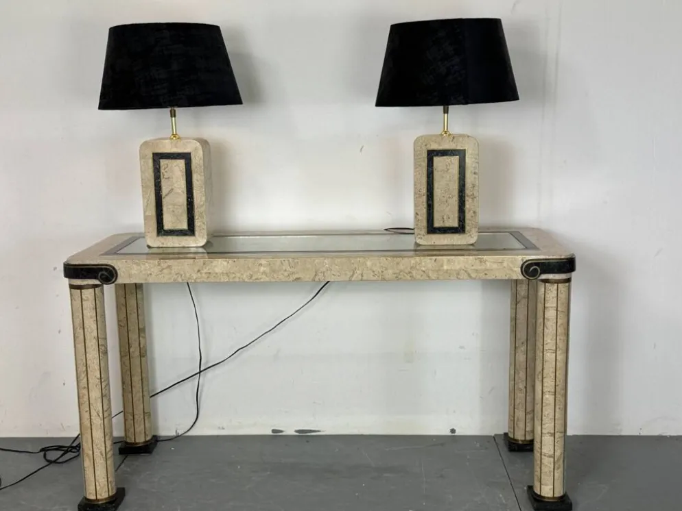 Table console vintage régence en travertin italien et laiton Maitland Smith.
