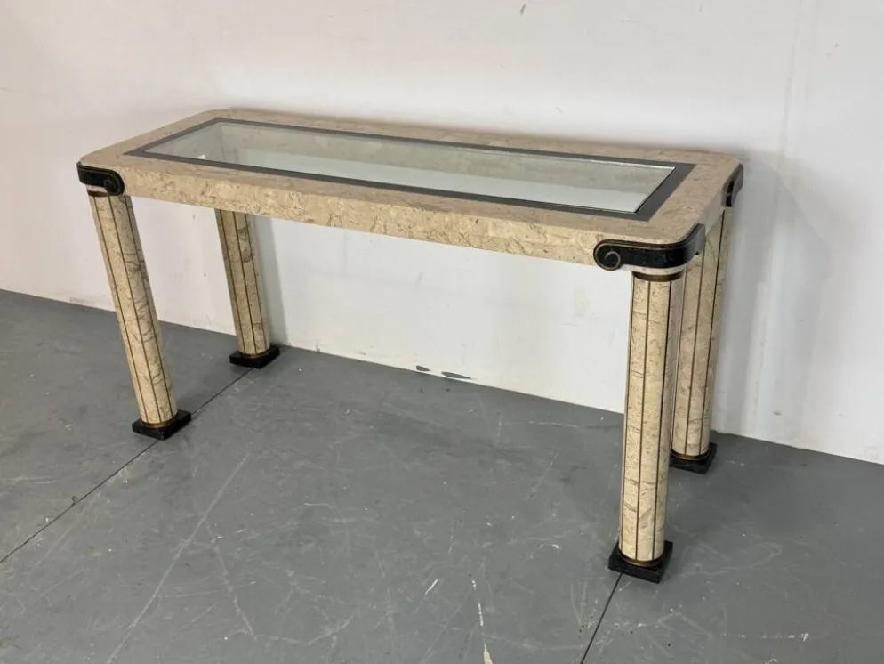 Table console vintage régence en travertin italien et laiton Maitland Smith.
