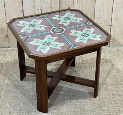 Table d'appoint art déco en acajou, tissu et verre