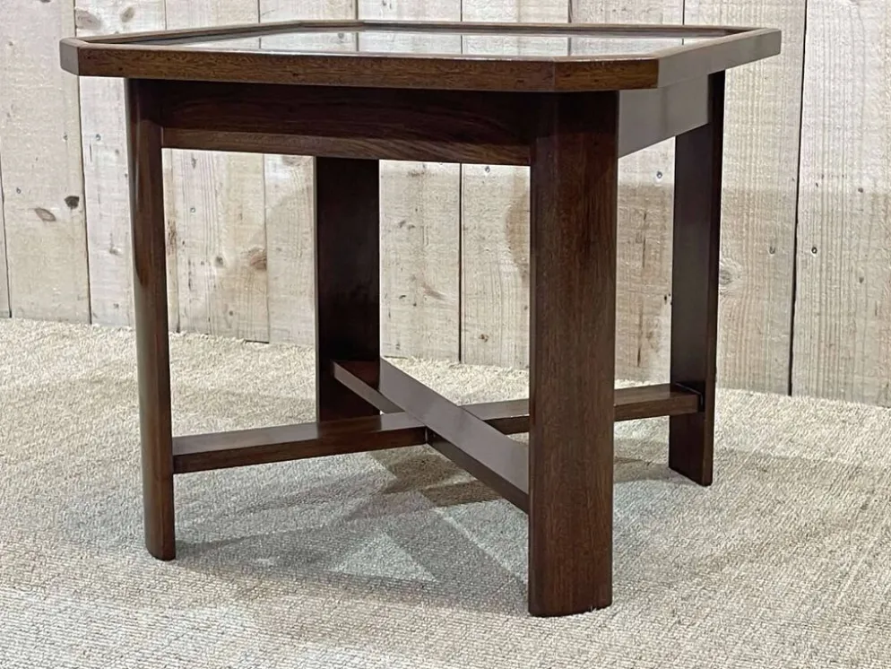 Table d'appoint art déco en acajou, tissu et verre