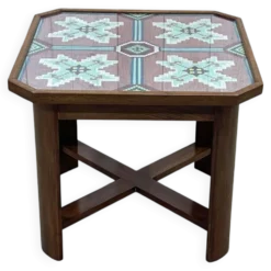 Table d'appoint art déco en acajou, tissu et verre