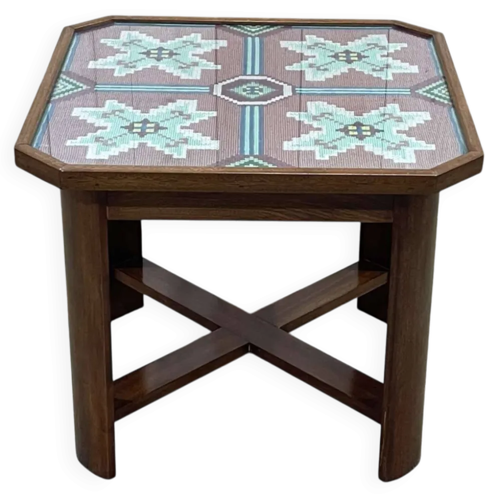 Table d'appoint art déco en acajou, tissu et verre