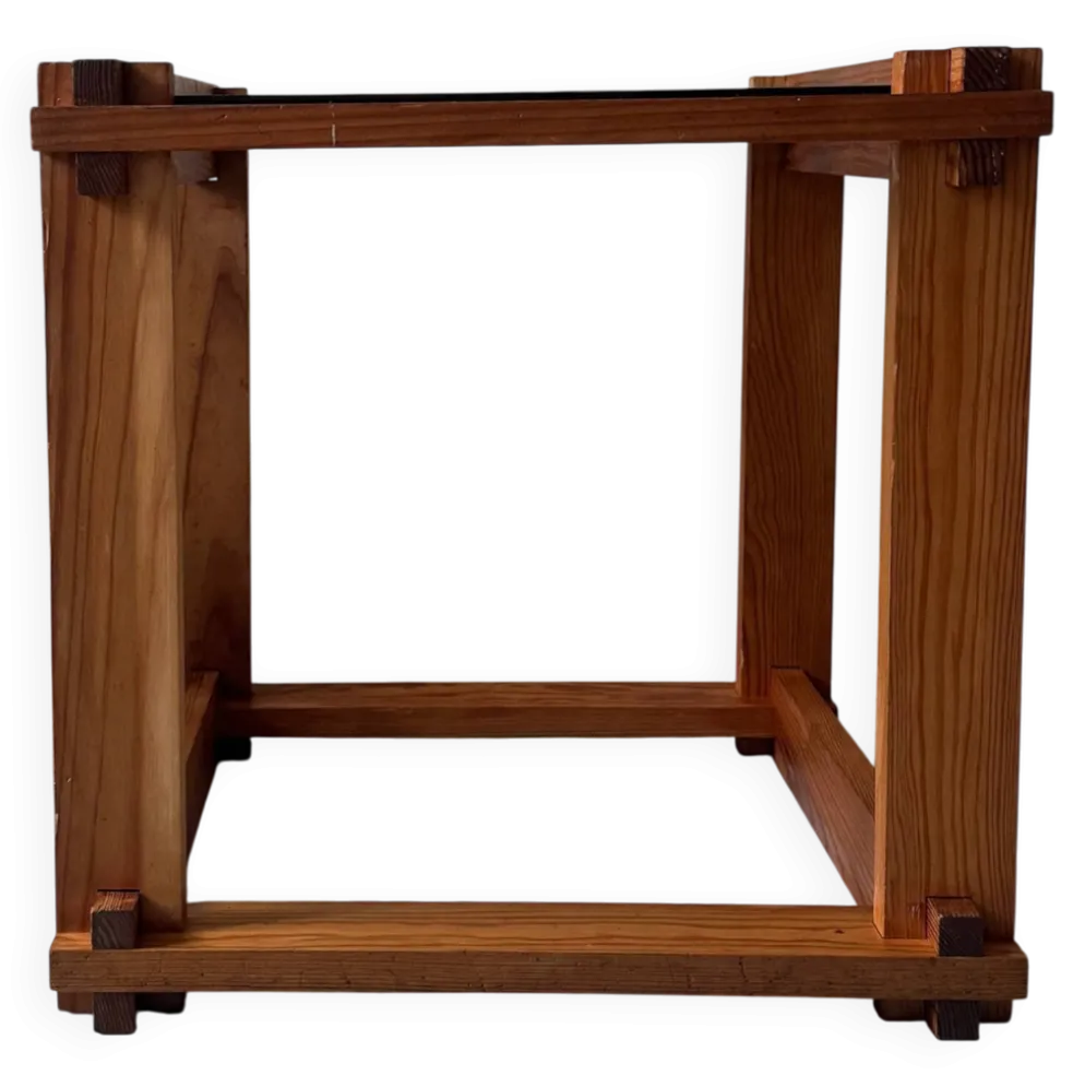 Table d'appoint /chevet moderniste en bois de pin & verre fumé, design 1970