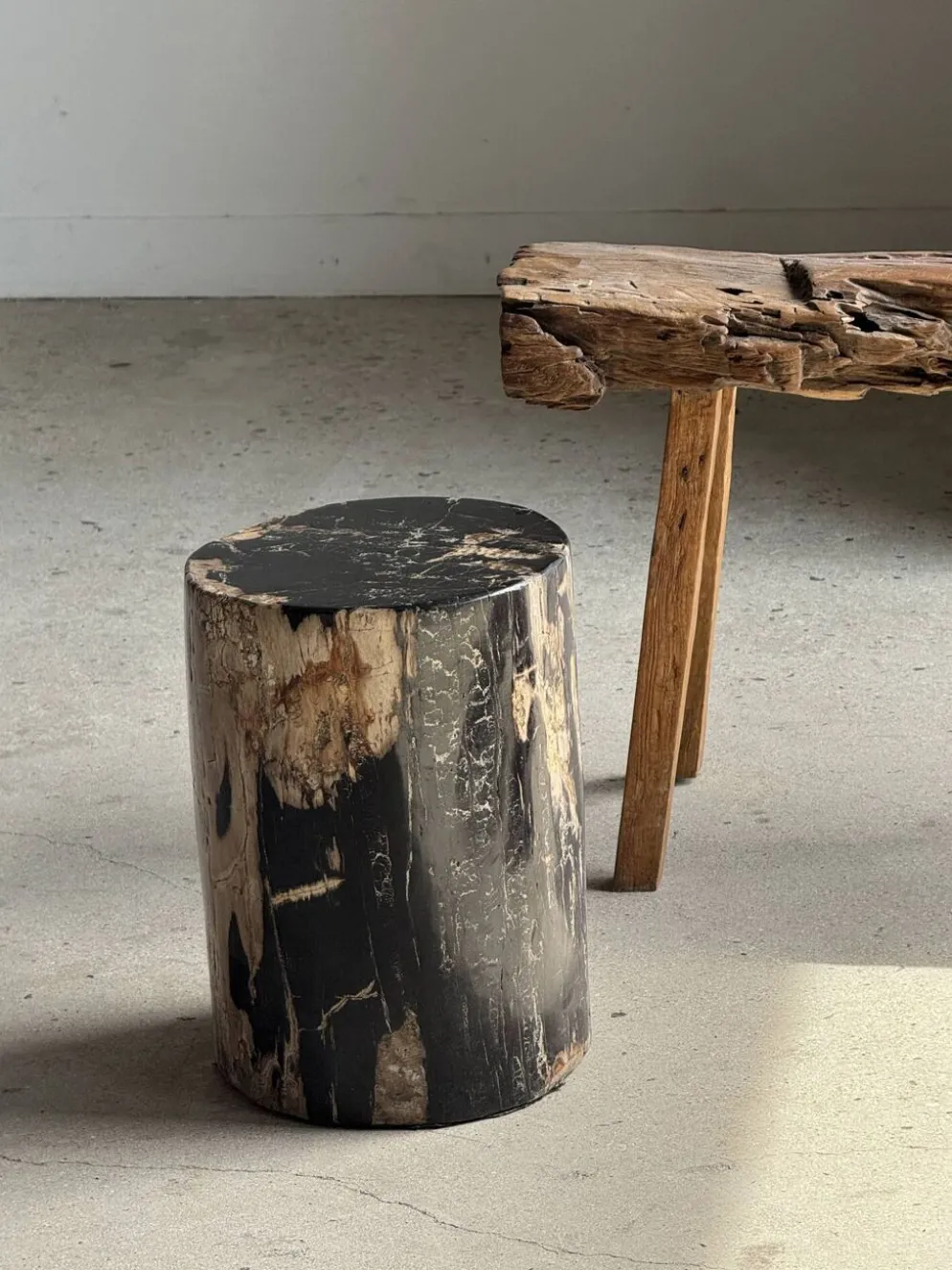 Table d'appoint en bois pétrifié noire côté beige H35 D24 - 3352
