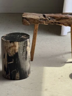 Table d'appoint en bois pétrifié noire côté beige H35 D24 - 3352