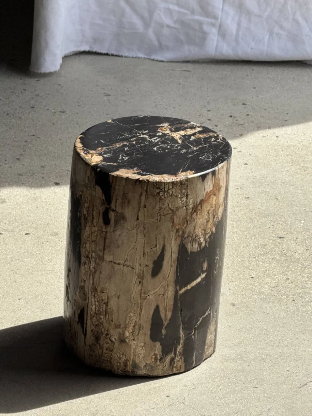 Table d'appoint en bois pétrifié noire côté beige H35 D24 - 3352