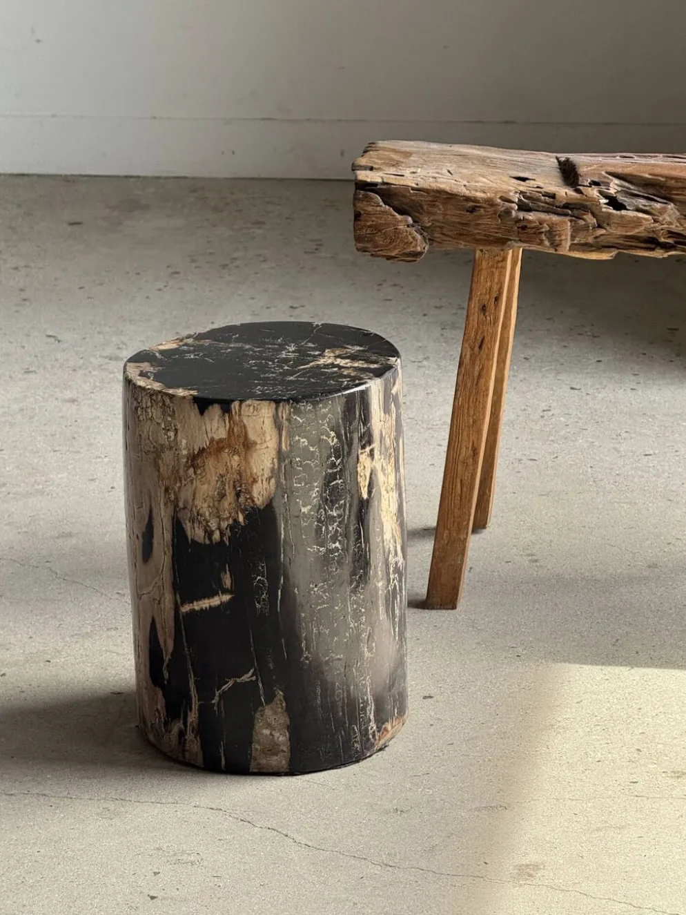 Table d'appoint en bois pétrifié noire côté beige H35 D24 - 3352