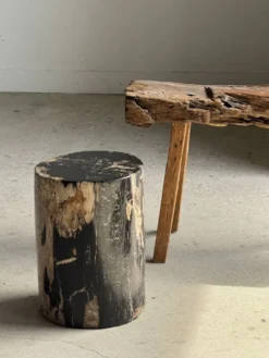 Table d'appoint en bois pétrifié noire côté beige H35 D24 - 3352