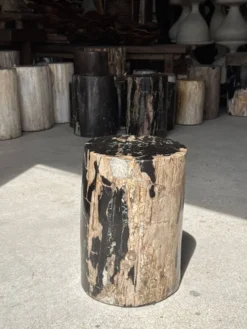 Table d'appoint en bois pétrifié noire côté beige H35 D24 - 3352