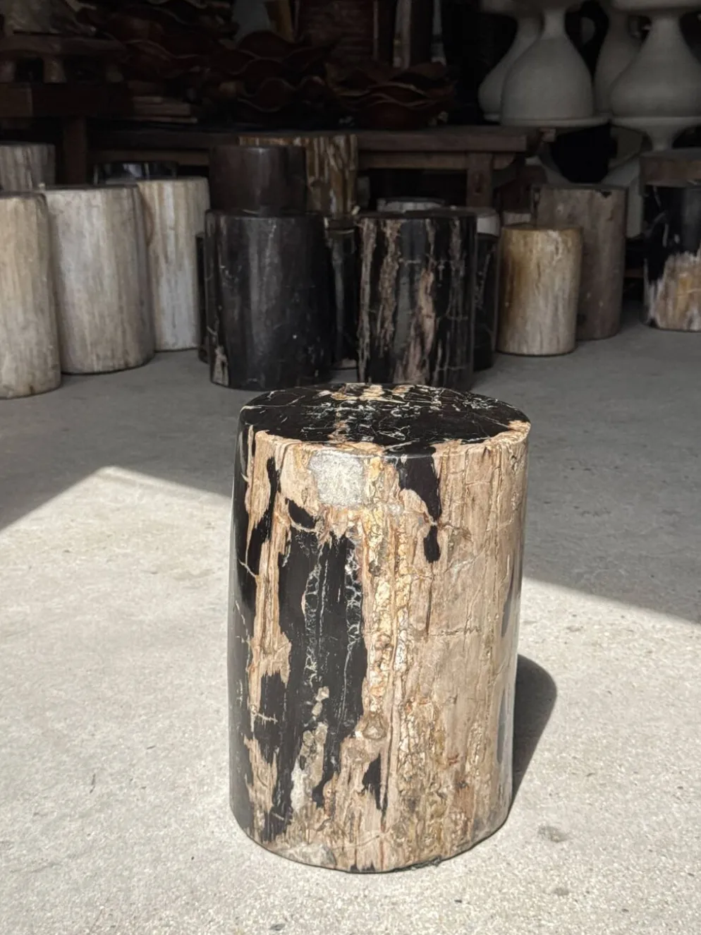 Table d'appoint en bois pétrifié noire côté beige H35 D24 - 3352