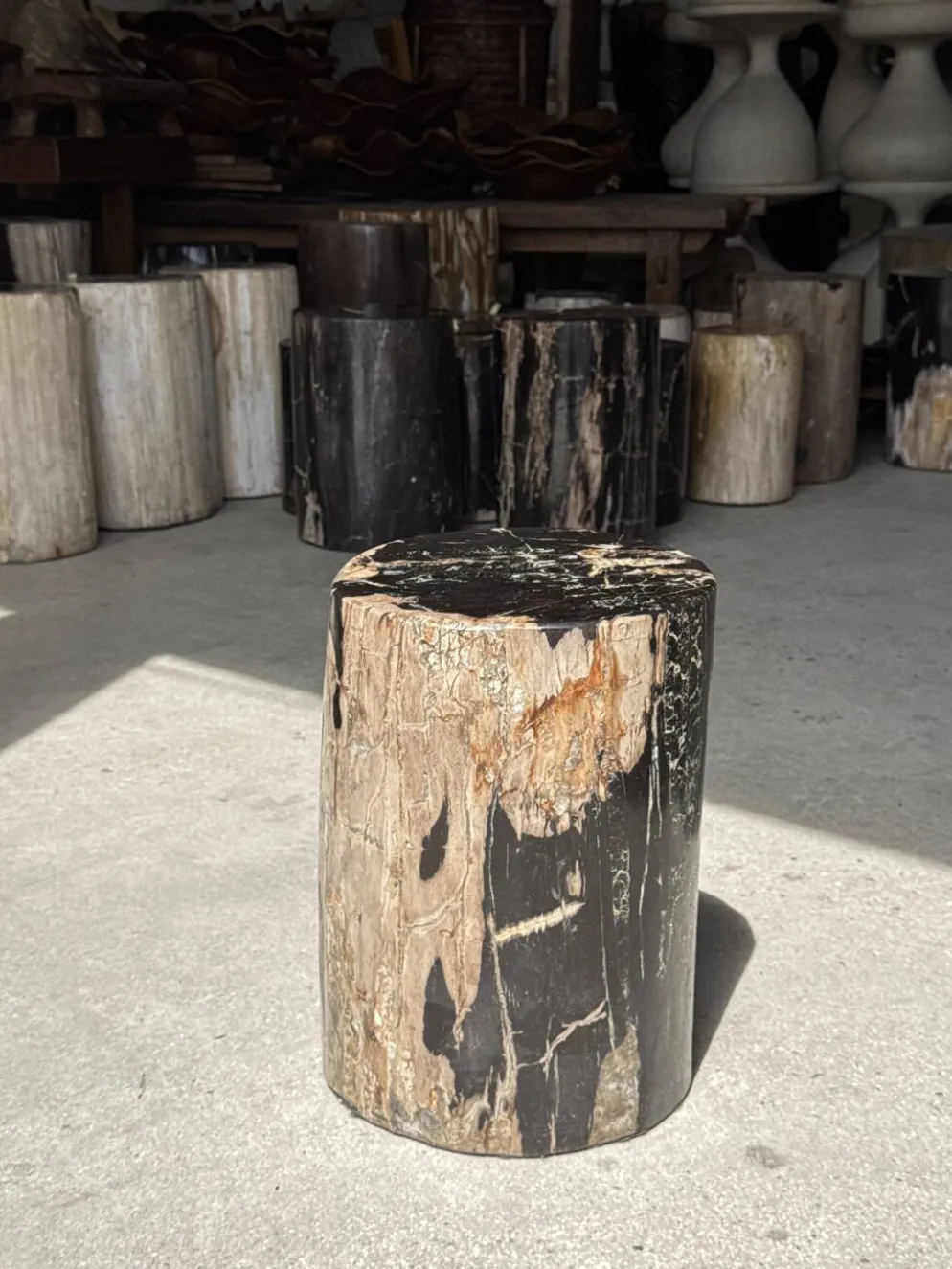 Table d'appoint en bois pétrifié noire côté beige H35 D24 - 3352