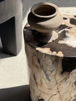 Table d'appoint en bois pétrifié dominante blanche et beige tache noires