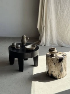 Table d'appoint en bois pétrifié dominante blanche et beige tache noires