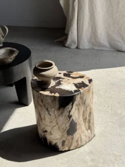 Table d'appoint en bois pétrifié dominante blanche et beige tache noires