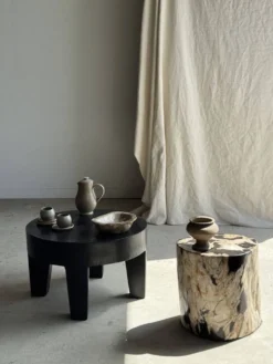 Table d'appoint en bois pétrifié dominante blanche et beige tache noires