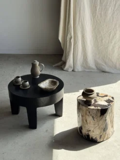 Table d'appoint en bois pétrifié dominante blanche et beige tache noires