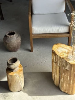 Table d'appoint en bois pétrifié orange doré et blanche ovale H46 D38 - 333