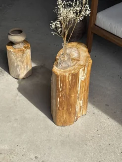 Table d'appoint en bois pétrifié orange doré et blanche ovale H46 D38 - 333