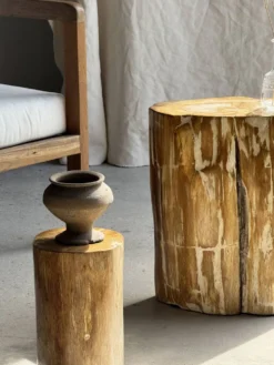 Table d'appoint en bois pétrifié orange doré et blanche ovale H46 D38 - 333