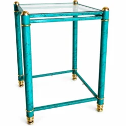 Table d'appoint en faux malachite de style Hollywood Regency avec étagères en verre