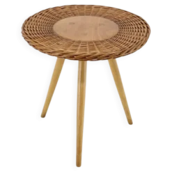 Table d'appoint en osier et bois des années 1970 par Jan Kalous pour ÚLUV