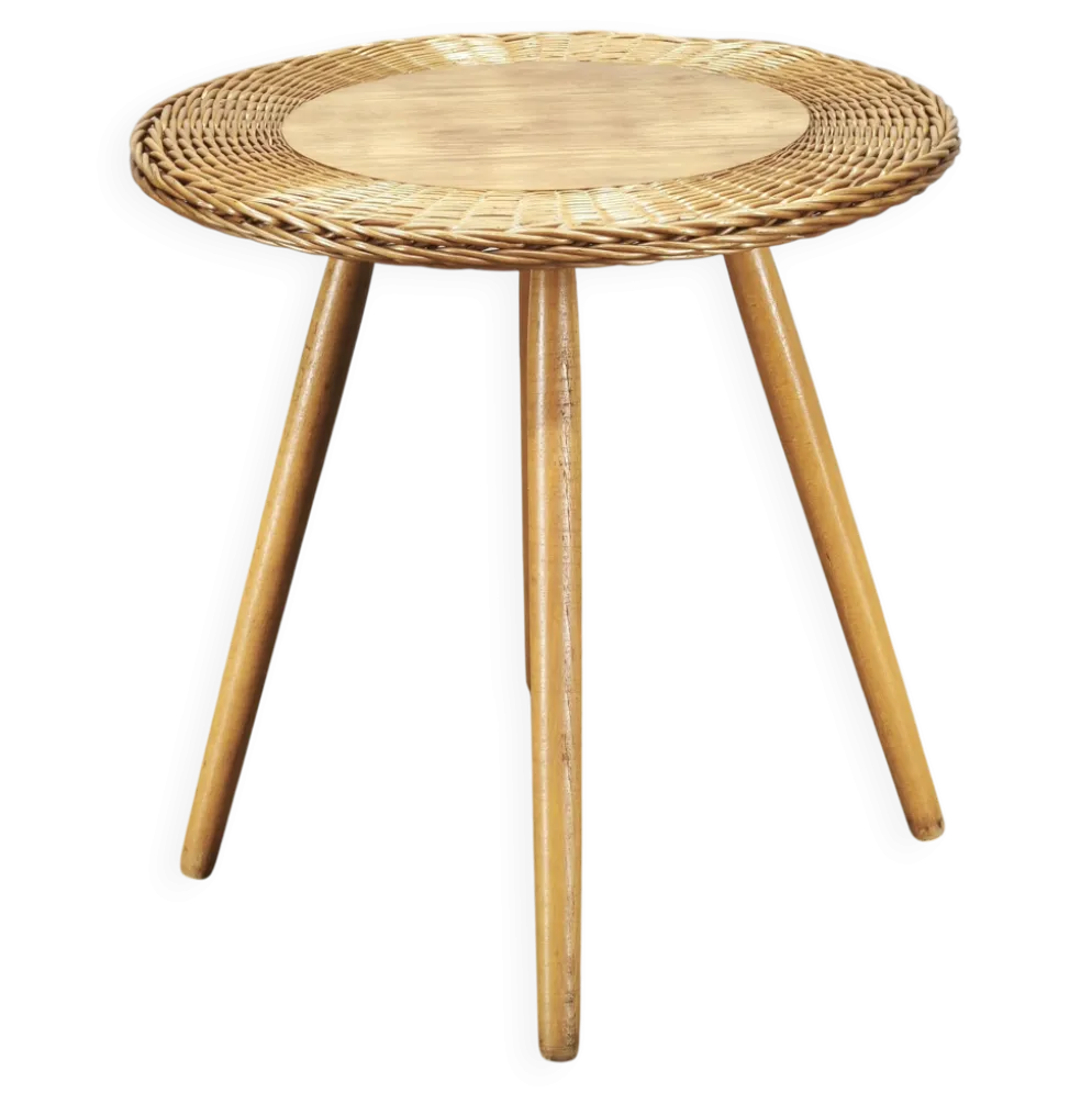Table d'appoint en rotin et hêtre Jan Kalous, Tchécoslovaquie, années 1970