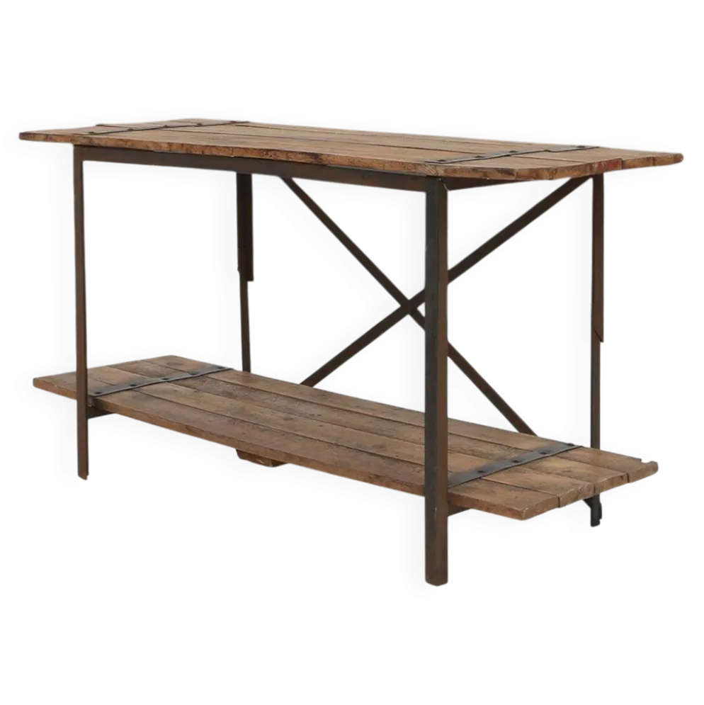 Table d'appoint industrielle avec cadre en métal et plateau en bois et plateforme amovible.
