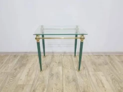 Table d'appoint moderne du milieu du siècle, verre clair, laiton doré, métal vert, F
