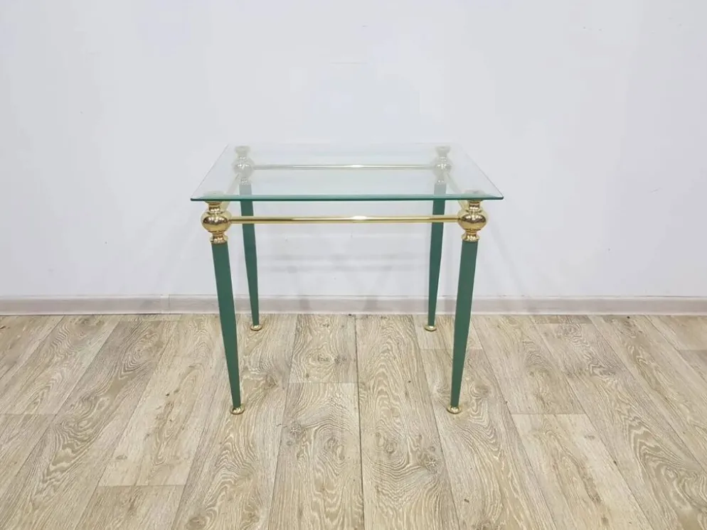 Table d'appoint moderne du milieu du siècle, verre clair, laiton doré, métal vert, F