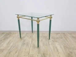 Table d'appoint moderne du milieu du siècle, verre clair, laiton doré, métal vert, F