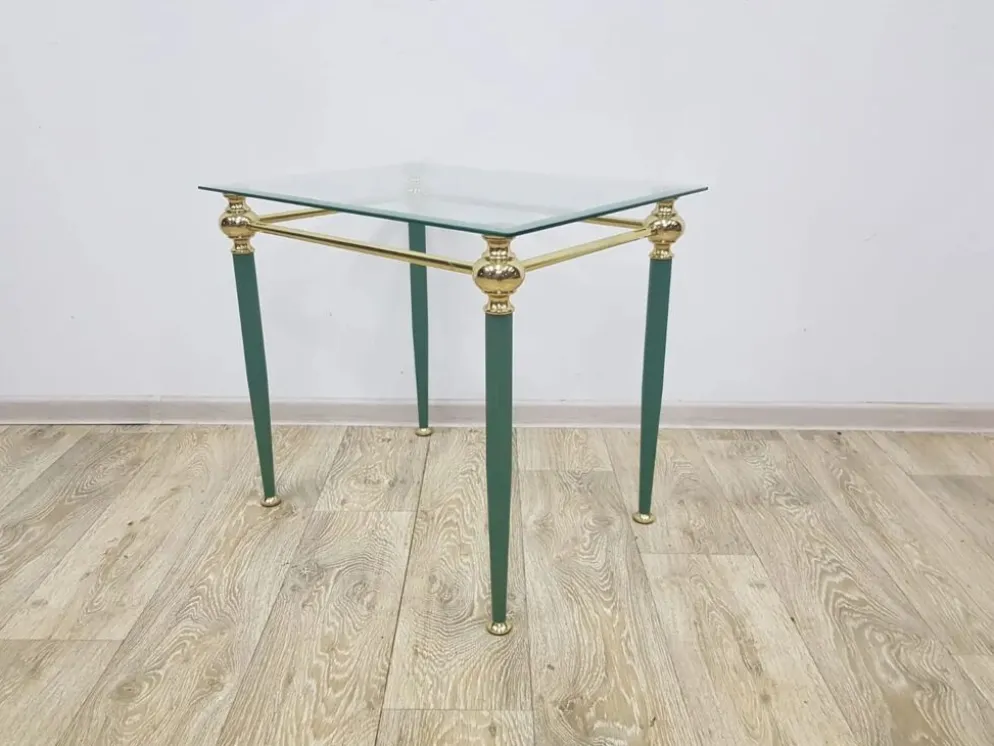 Table d'appoint moderne du milieu du siècle, verre clair, laiton doré, métal vert, F