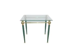 Table d'appoint moderne du milieu du siècle, verre clair, laiton doré, métal vert, F