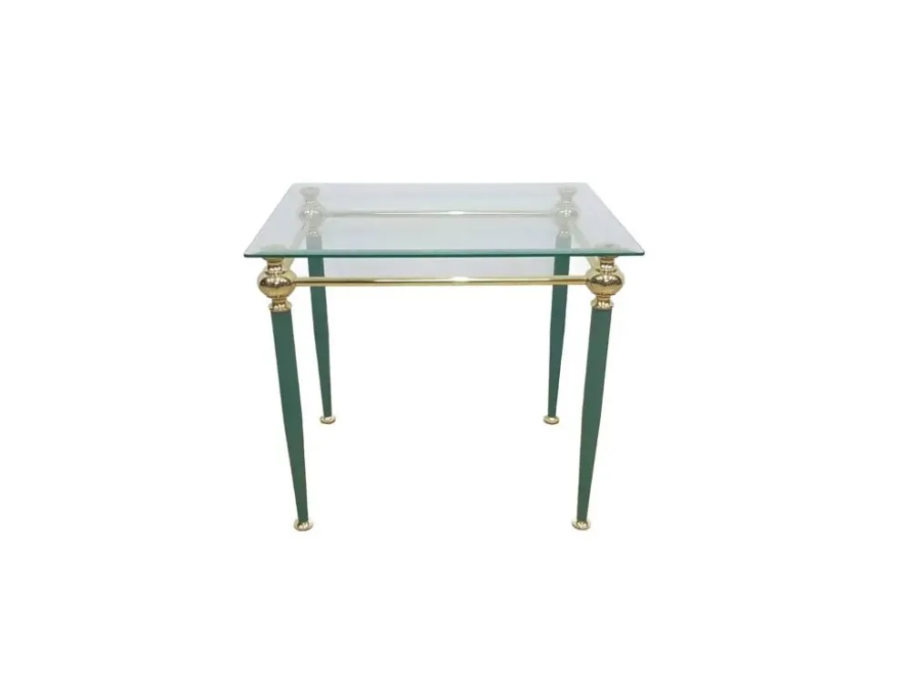 Table d'appoint moderne du milieu du siècle, verre clair, laiton doré, métal vert, F