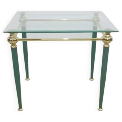 Table d'appoint moderne du milieu du siècle, verre clair, laiton doré, métal vert, F