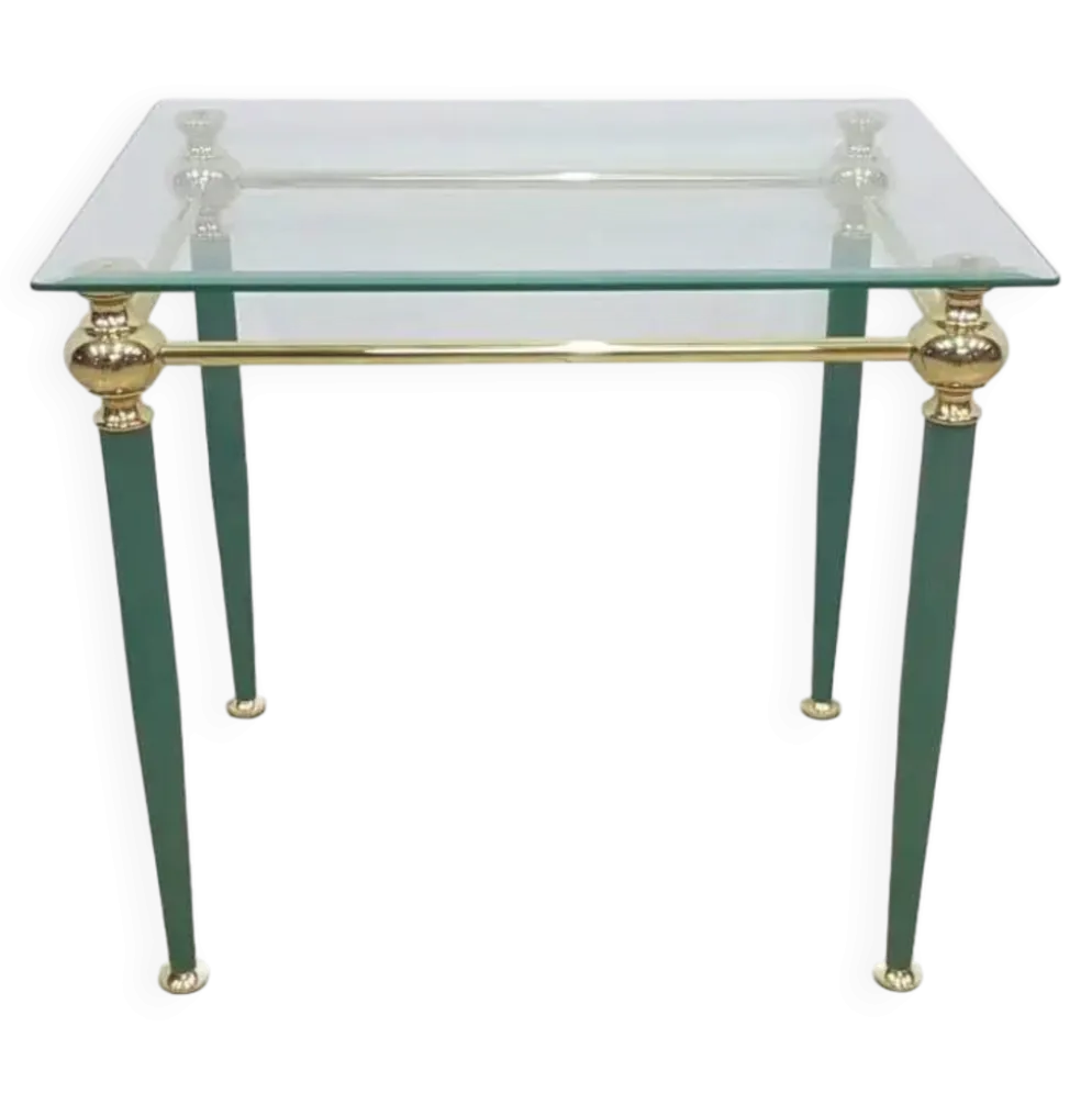 Table d'appoint moderne du milieu du siècle, verre clair, laiton doré, métal vert, F
