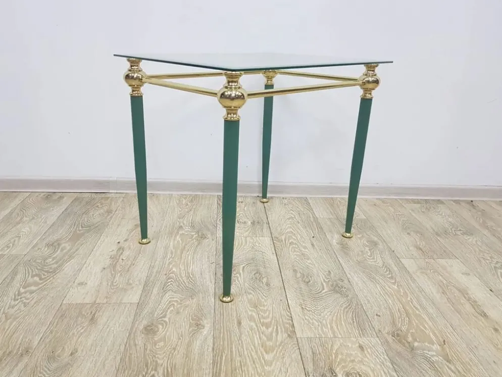 Table d'appoint moderne du milieu du siècle, verre clair, laiton doré, métal vert, F