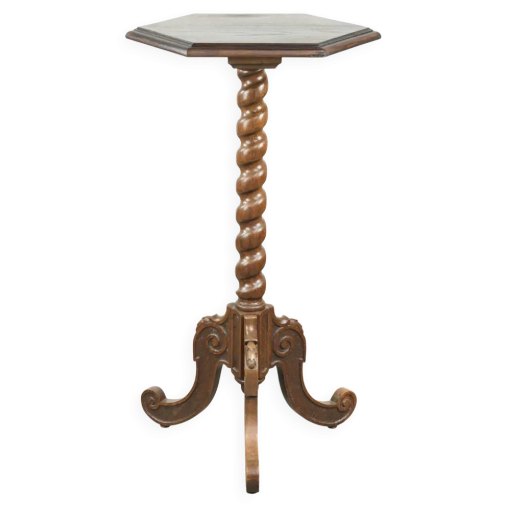 Table d'appoint/plant en chêne ancien, haute, avec sculpture sur bois et pied tourné.