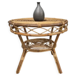 Table d’appoint ronde vintage en rotin – années 60/70