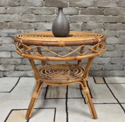 Table d’appoint ronde vintage en rotin – années 60/70