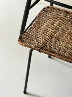 Table d'appoint sellette vintage en métal noir et osier, 1950