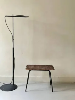 Table d'appoint sellette vintage en métal noir et osier, 1950