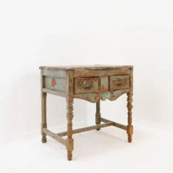 Table d'appoint 2 tiroirs en bois patiné - 20ème siècle