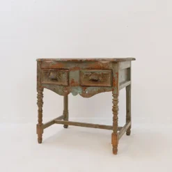 Table d'appoint 2 tiroirs en bois patiné - 20ème siècle